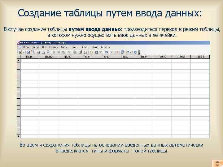 Создание таблицы путем ввода данных: В случае создание таблицы путем ввода данных производиться переход