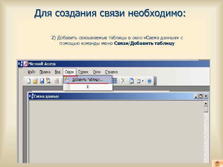 Для создания связи необходимо: 2) Добавить связываемые таблицы в окно «Схема данных» с помощью