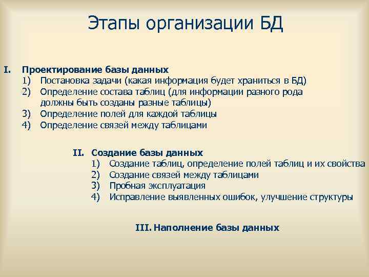 Этапы организации БД I. Проектирование базы данных 1) Постановка задачи (какая информация будет храниться