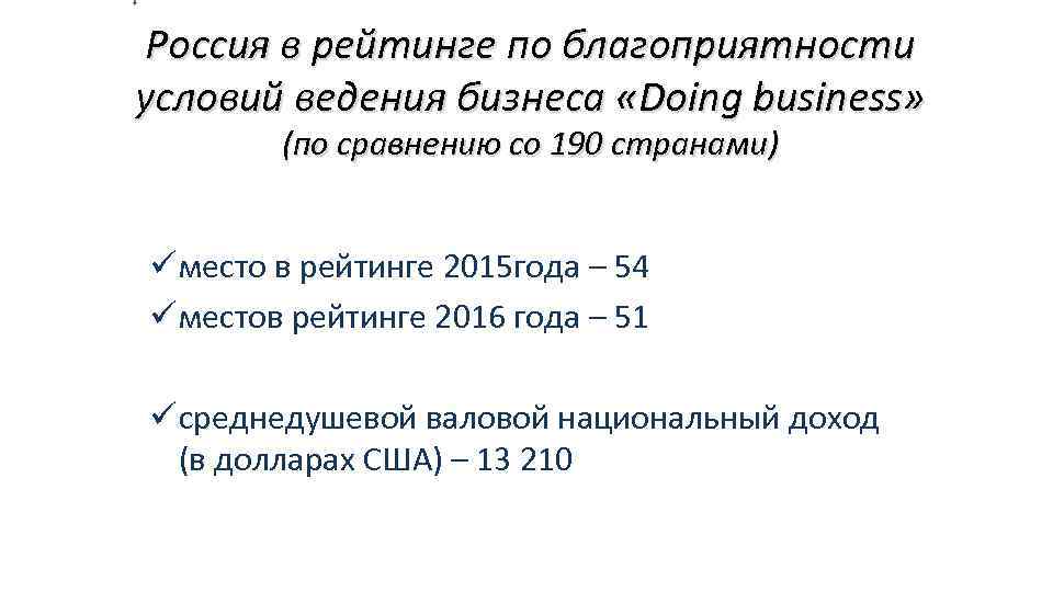 Россия в рейтинге по благоприятности условий ведения бизнеса «Doing business» (по сравнению со 190