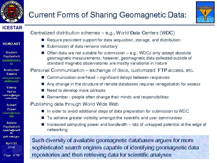 Current Forms of Sharing Geomagnetic Data: ICESTAR VGMO. NET Vladimir Papitashvili papita@umich. e du