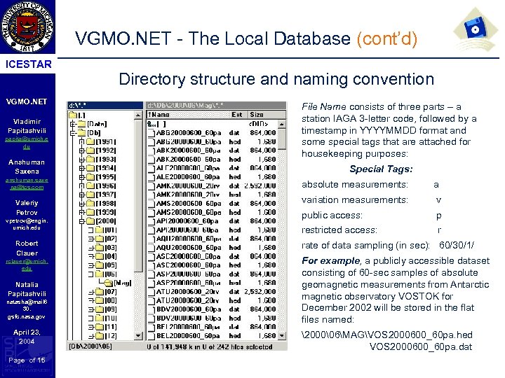VGMO. NET - The Local Database (cont’d) ICESTAR VGMO. NET Vladimir Papitashvili papita@umich. e