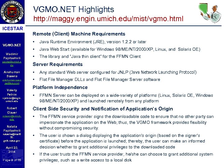 VGMO. NET Highlights http: //maggy. engin. umich. edu/mist/vgmo. html ICESTAR VGMO. NET Vladimir Papitashvili