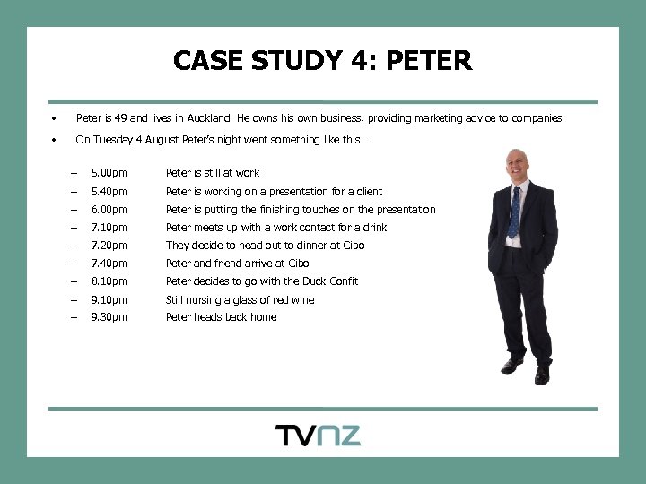 CASE STUDY 4: PETER • Peter is 49 and lives in Auckland. He owns