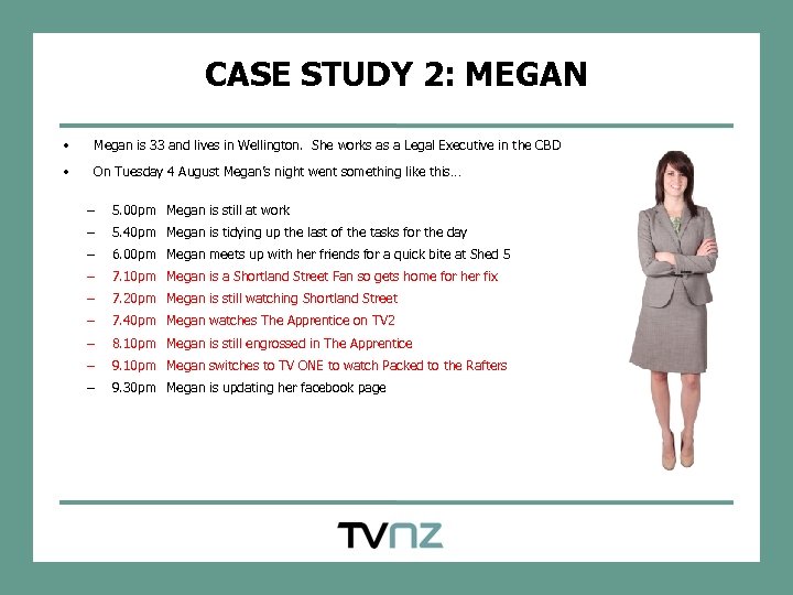 CASE STUDY 2: MEGAN • Megan is 33 and lives in Wellington. She works