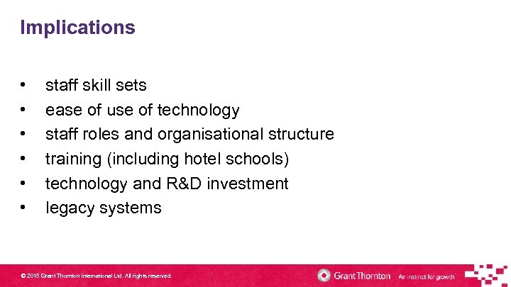 Implications • • • staff skill sets ease of use of technology staff roles