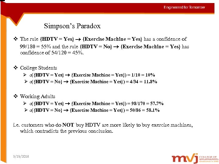 Simpson’s Paradox v The rule {HDTV = Yes} {Exercise Machine = Yes} has a