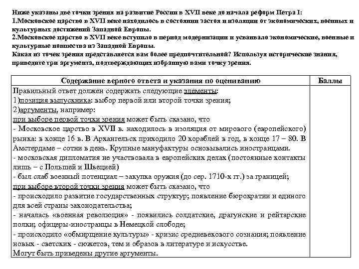 Ниже указаны две точки зрения на развитие России в XVII веке до начала реформ