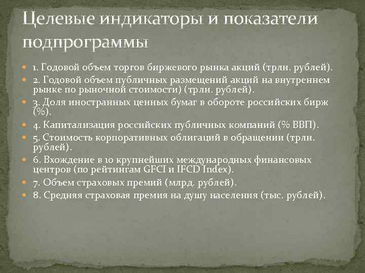 Целевые индикаторы и показатели подпрограммы 1. Годовой объем торгов биржевого рынка акций (трлн. рублей).