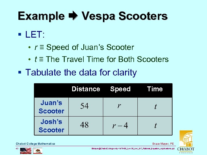 Example Vespa Scooters § LET: • r ≡ Speed of Juan’s Scooter • t