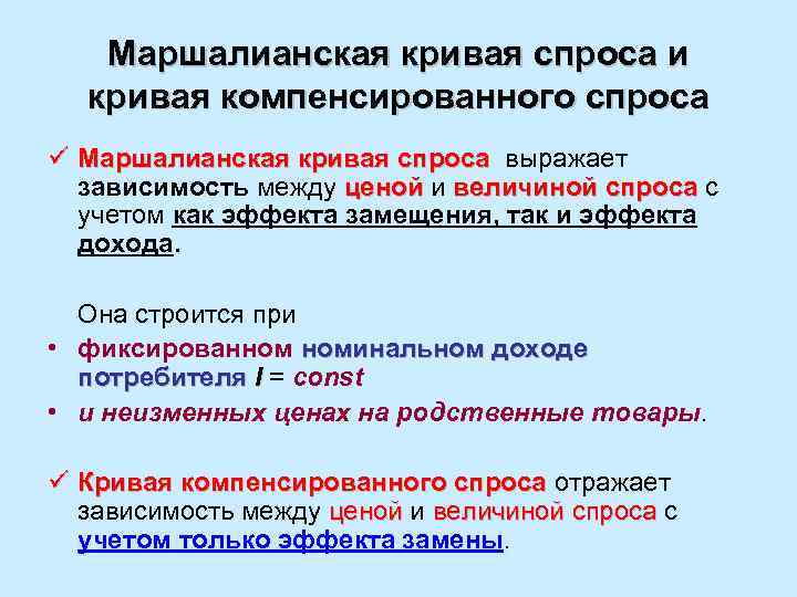 Маршалианская кривая спроса и кривая компенсированного спроса ü Маршалианская кривая спроса выражает зависимость между