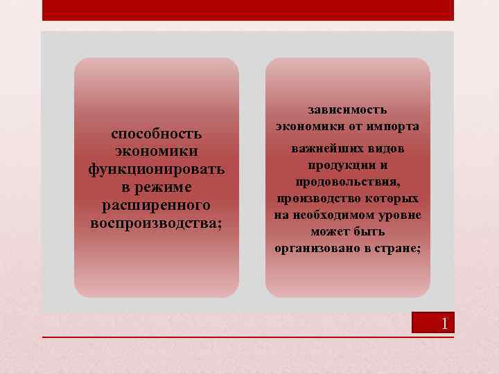 способность экономики функционировать в режиме расширенного воспроизводства; зависимость экономики от импорта важнейших видов продукции