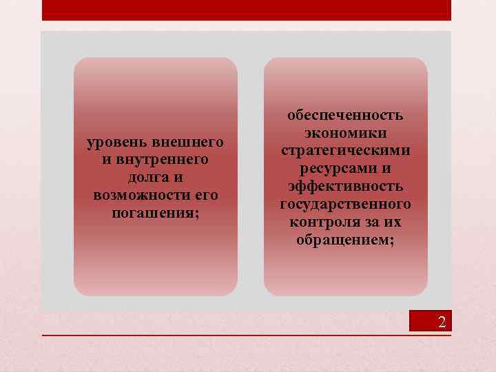 уровень внешнего и внутреннего долга и возможности его погашения; обеспеченность экономики стратегическими ресурсами и