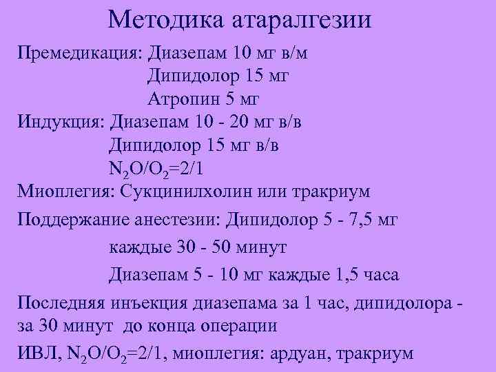 Методика атаралгезии Премедикация: Диазепам 10 мг в/м Дипидолор 15 мг Атропин 5 мг Индукция: