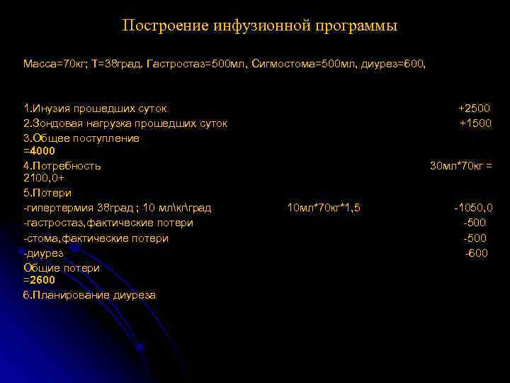 Построение инфузионной программы Масса=70 кг; Т=38 град. Гастростаз=500 мл, Сигмостома=500 мл, диурез=600, 1. Инузия