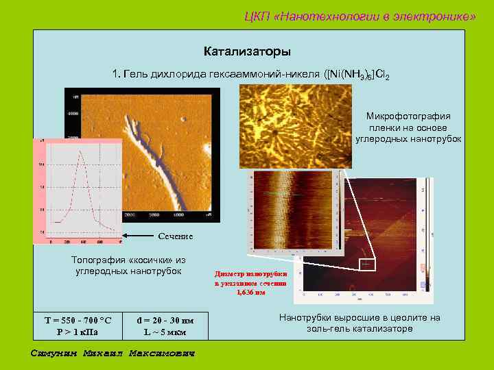 ЦКП «Нанотехнологии в электронике» Катализаторы 1. Гель дихлорида гексааммоний-никеля ([Ni(NH 3)6]Cl 2 Микрофотография пленки