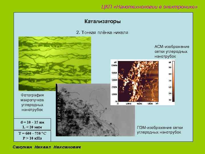 ЦКП «Нанотехнологии в электронике» Катализаторы 2. Тонкая плёнка никеля АСМ-изображение сетки углеродных нанотрубок Фотография