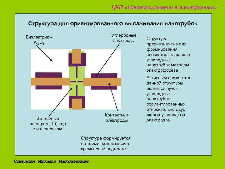 ЦКП «Нанотехнологии в электронике» Структура для ориентированного высаживания нанотрубок Углеродные электроды Диэлектрик – Al