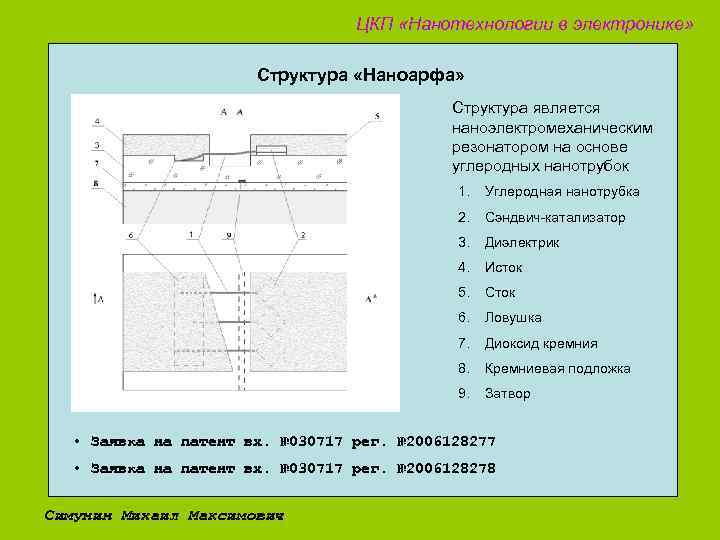ЦКП «Нанотехнологии в электронике» Структура «Наноарфа» Структура является наноэлектромеханическим резонатором на основе углеродных нанотрубок