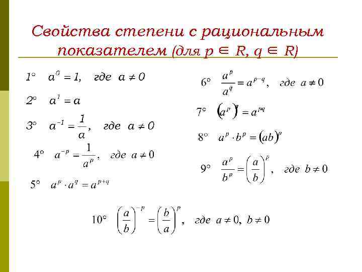 Свойства степени с рациональным показателем (для p ∈ R, q ∈ R) 