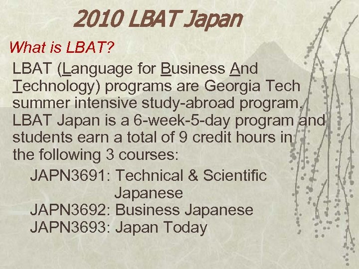 2010 LBAT Japan What is LBAT? LBAT (Language for Business And Technology) programs are