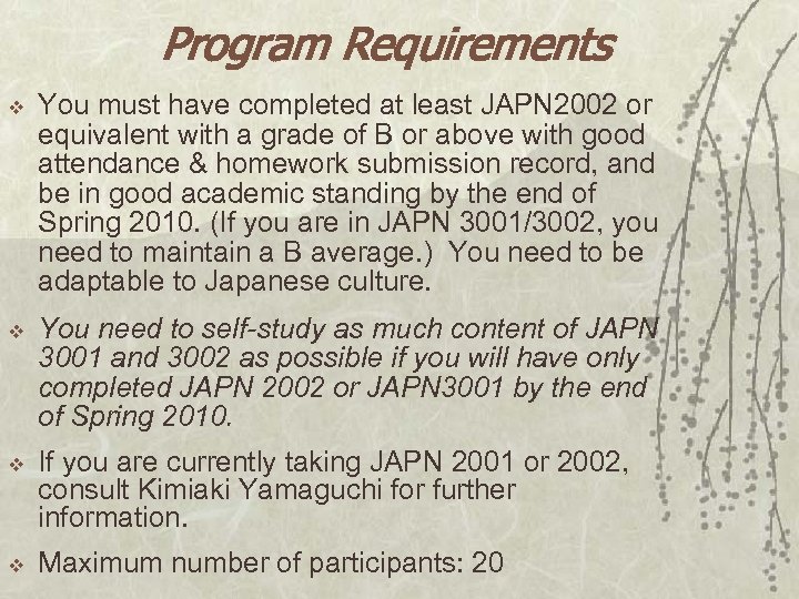 Program Requirements v You must have completed at least JAPN 2002 or equivalent with