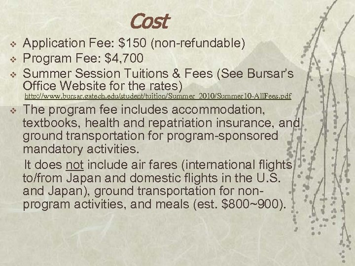 Cost v v v Application Fee: $150 (non-refundable) Program Fee: $4, 700 Summer Session