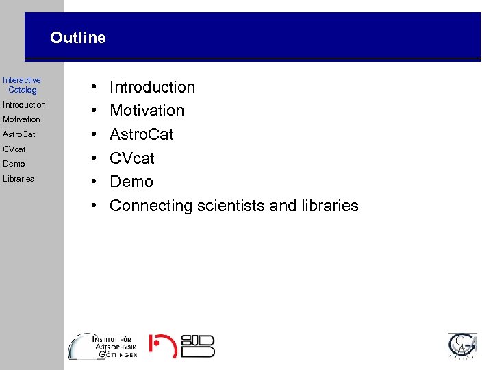 Outline Interactive Catalog Introduction Motivation Astro. Cat CVcat Demo Libraries • • • Introduction