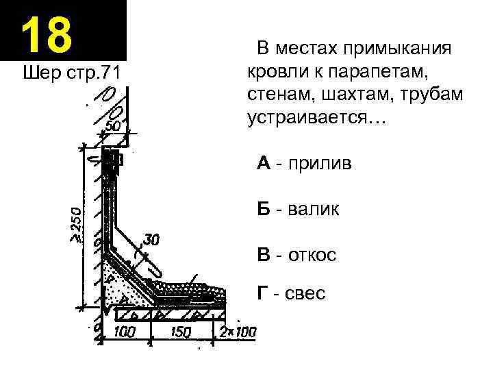 18 Шер стр. 71 В местах примыкания кровли к парапетам, стенам, шахтам, трубам устраивается…