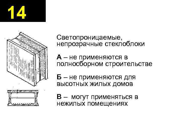 14 Светопроницаемые, непрозрачные стеклоблоки А – не применяются в полносборном строительстве Б – не