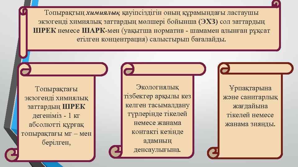 Топырақтың химиялық қауіпсіздігін оның құрамындағы ластаушы экзогенді химиялық заттардың мөлшері бойынша (ЭХЗ) сол заттардың