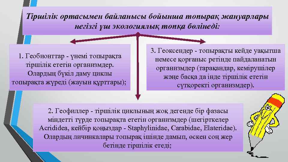 Тіршілік ортасымен байланысы бойынша топырақ жануарлары негізгі үш экологиялық топқа бөлінеді: 1. Геобионттар -