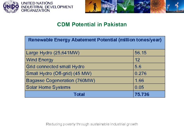 UNITED NATIONS INDUSTRIAL DEVELOPMENT ORGANIZATION CDM Potential in Pakistan Renewable Energy Abatement Potential (million