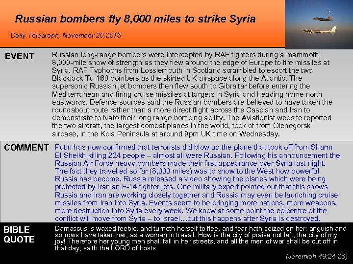 Russian bombers fly 8, 000 miles to strike Syria Daily Telegraph, November 20, 2015
