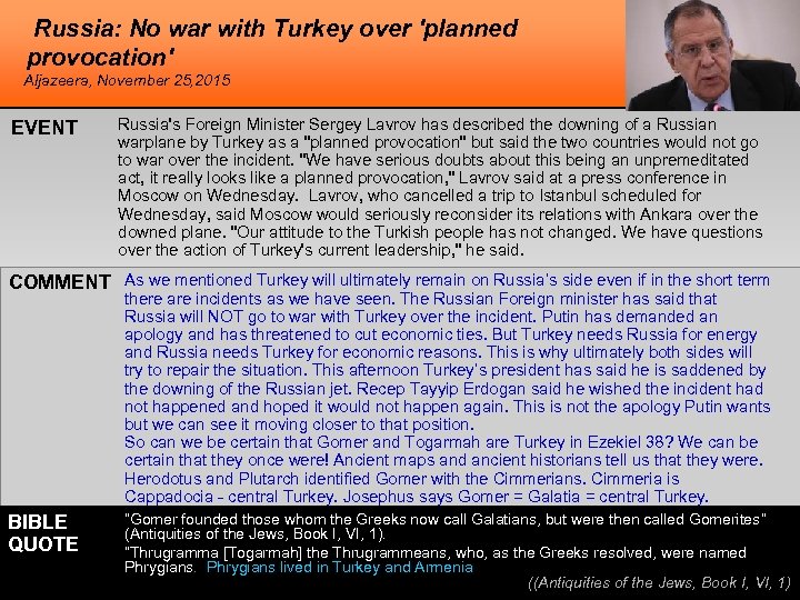 Russia: No war with Turkey over 'planned provocation' Aljazeera, November 25, 2015 EVENT Russia's