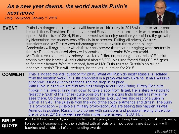As a new year dawns, the world awaits Putin’s next move Daily Telegraph, January