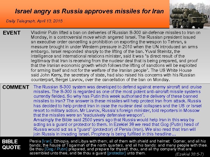 Israel angry as Russia approves missiles for Iran Daily Telegraph, April 13, 2015 EVENT