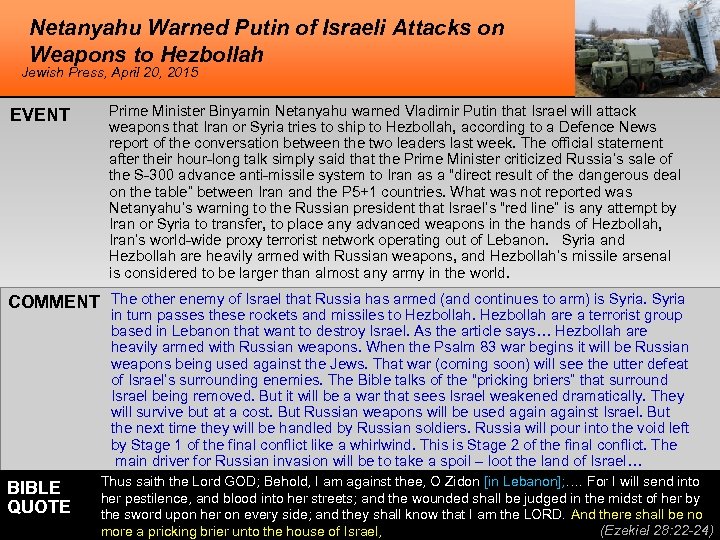 Netanyahu Warned Putin of Israeli Attacks on Weapons to Hezbollah Jewish Press, April 20,