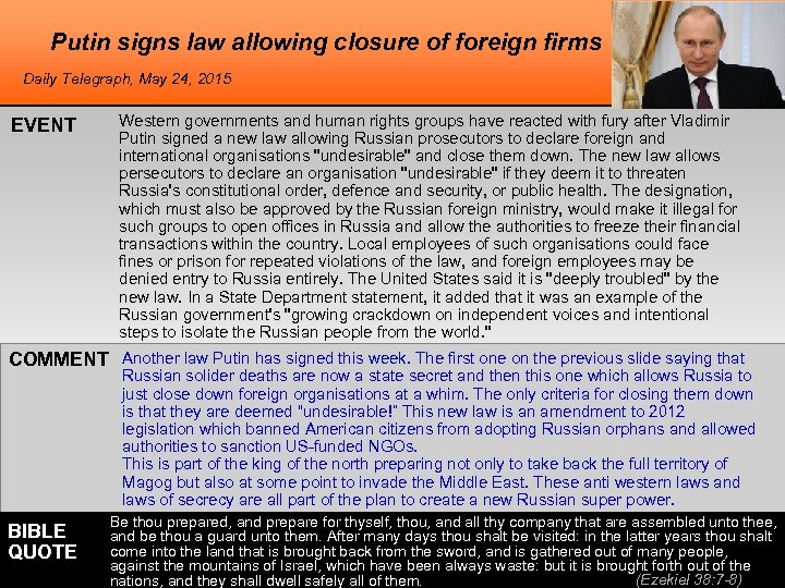 Putin signs law allowing closure of foreign firms Daily Telegraph, May 24, 2015 EVENT