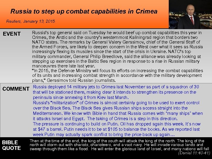Russia to step up combat capabilities in Crimea Reuters, January 13, 2015 EVENT COMMENT