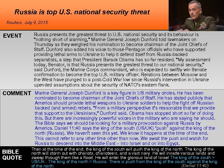 Russia is top U. S. national security threat Reuters, July 9, 2015 EVENT Russia