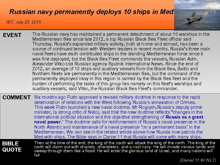 Russian navy permanently deploys 10 ships in Med IBT, July 23, 2015 EVENT The