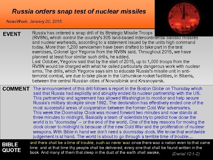 Russia orders snap test of nuclear missiles News. Week, January 20, 2015 EVENT Russia