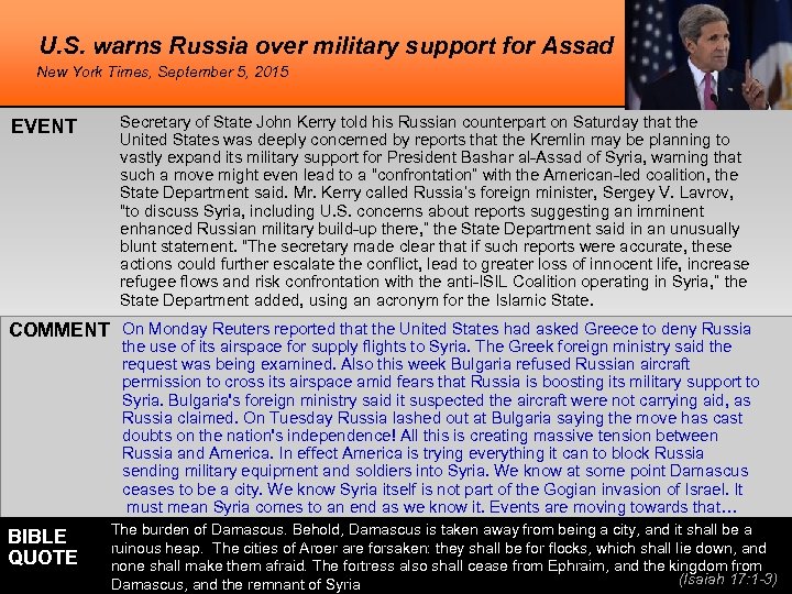 U. S. warns Russia over military support for Assad New York Times, September 5,