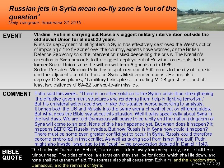 Russian jets in Syria mean no-fly zone is 'out of the question' Daily Telegraph,