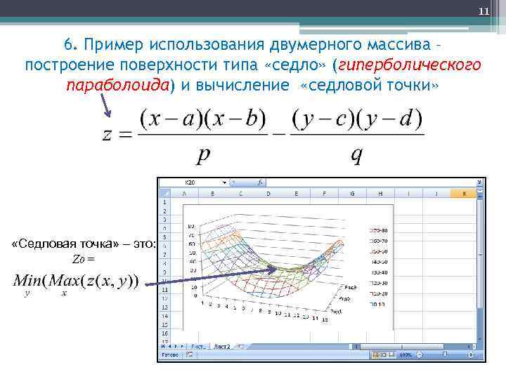 11 6. Пример использования двумерного массива – построение поверхности типа «седло» (гиперболического параболоида) и