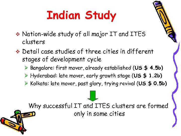 Indian Study v Nation-wide study of all major IT and ITES clusters v Detail