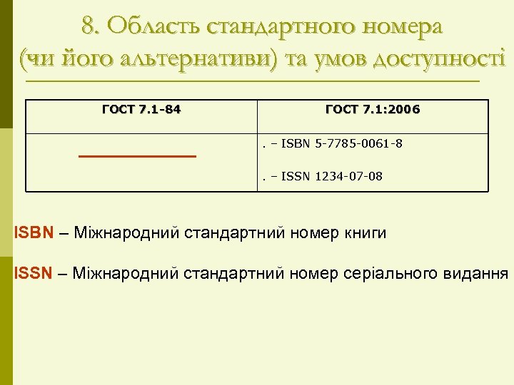 8. Область стандартного номера (чи його альтернативи) та умов доступності ГОСТ 7. 1 -84