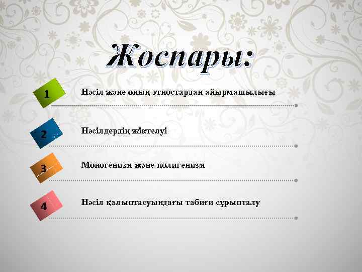 Жоспары: 1 Нәсіл және оның этностардан айырмашылығы 2 Нәсілдердің жіктелуі 3 Моногенизм және полигенизм