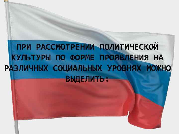 ПРИ РАССМОТРЕНИИ ПОЛИТИЧЕСКОЙ КУЛЬТУРЫ ПО ФОРМЕ ПРОЯВЛЕНИЯ НА РАЗЛИЧНЫХ СОЦИАЛЬНЫХ УРОВНЯХ МОЖНО ВЫДЕЛИТЬ: 